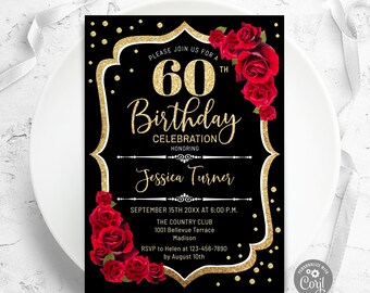 Black Glitter Gold Roses Birthday Invitation - Any Age (Digital Template)