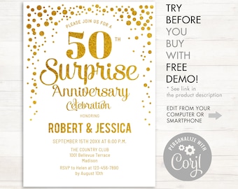 May include: Gold confetti background with a white invitation for a 50th surprise anniversary celebration honoring Robert & Jessica. The invitation includes the date, time, location, and RSVP information. The text "TRY BEFORE YOU BUY WITH FREE DEMO!" is in the top right corner of the invitation.