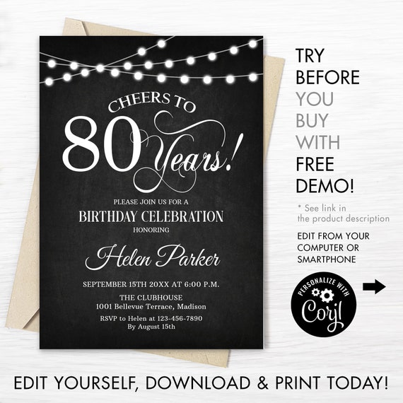 80th Birthday Party Invitation. INSTANT DOWNLOAD Editable DIY - Etsy