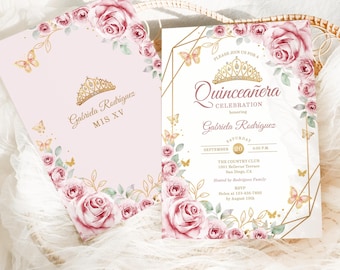 Blush Pink Gold Quinceañera Invitation, Floral Roses, Butterflies. Digital Template
