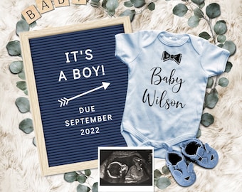 Digital Boy Pregnancy Announcement. Social Media Baby Gender Reveal. Pregnant Announcement Template for Facebook Instagram. Blue White