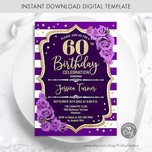 Purple Floral Birthday Invitation: Gold Glitter Roses (Digital Template)