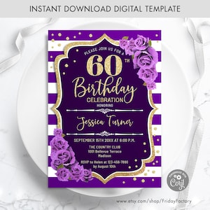 60th Birthday Invitation - INSTANT DOWNLOAD Digital Template. ANY age. Purple White Stripes. Glitter Gold Roses. Floral Birthday Invite