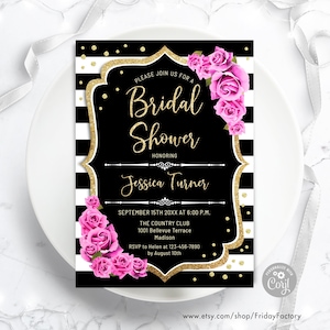 Glitter Gold Bridal Shower Invitation: Pink Roses, Black Stripes (Digital Template)