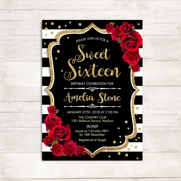 Süße sechzehn Einladung. Schwarz weiß Streifen Glitter Gold rote Rosen. Floral Geburtstagseinladung. DIGITAL PRINTABLE einladen. Personalisierte