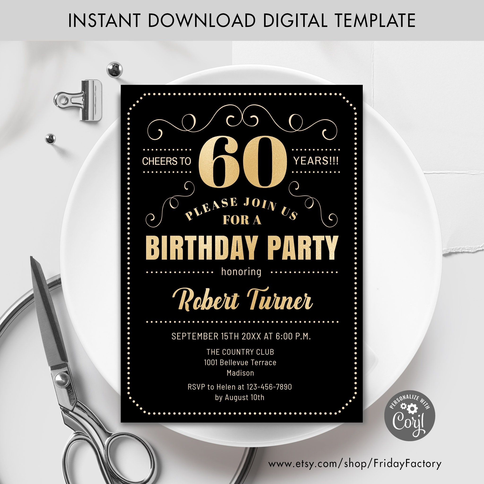 Invito alla festa del 60 compleanno modello digitale DOWNLOAD immediato.  Qualsiasi età. Oro Nero. Saluti ai 60 anni -  Italia