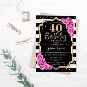 Florale Einladung zum 40. Geburtstag: Schwarz, Gold, Pink (Digital Template) Bild 5