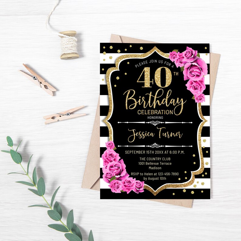 Florale Einladung zum 40. Geburtstag: Schwarz, Gold, Pink (Digital Template) Bild 5