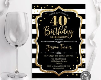 Black and Gold 40th Birthday Invitation Template (Digital Download)