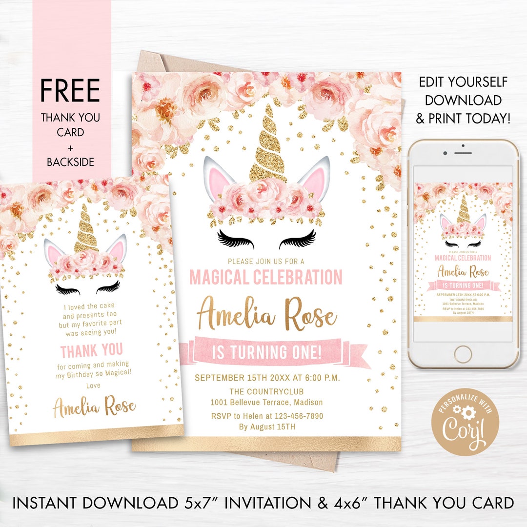 Unicorn 1st Birthday Invitation - INSTANT DOWNLOAD Digital Template ...