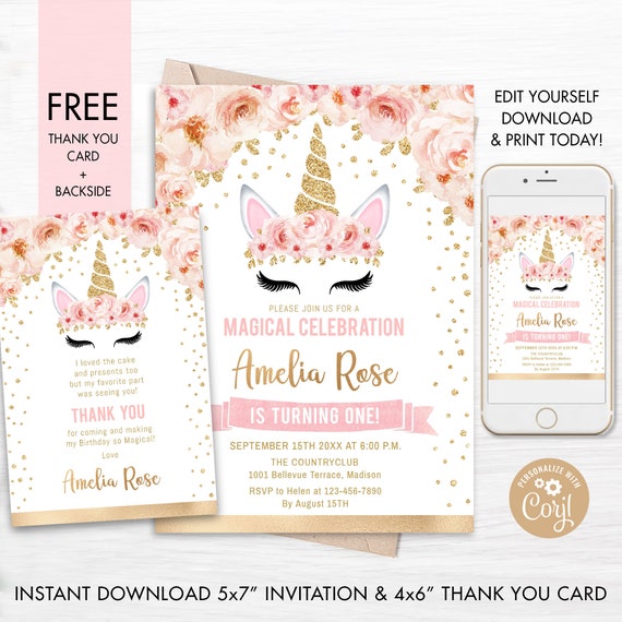 Unicorn Free Printable First Birthday Invitation Template Free Unicorn