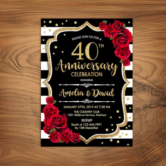 40th Wedding Anniversary Invitation Any Year Gold Black Red Etsy