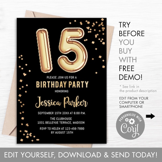 15th Birthday Party Invitation INSTANT DOWNLOAD Digital Etsy