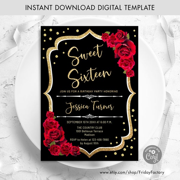 Sweet Sixteen Invitation - INSTANT DOWNLOAD Digital Template. 16th Birthday Invite. Black Glitter Gold & Red Roses