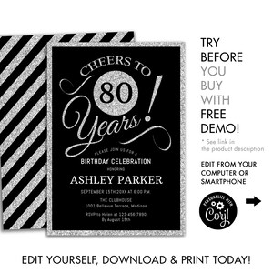 80th Birthday Party Invitation. INSTANT DOWNLOAD DIY Digital Template. Any Age. Silver Black White. Cheers to 80 Years
