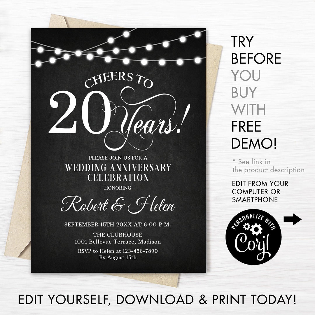 20th Wedding Anniversary Party Invitation - INSTANT DOWNLOAD Editable ...