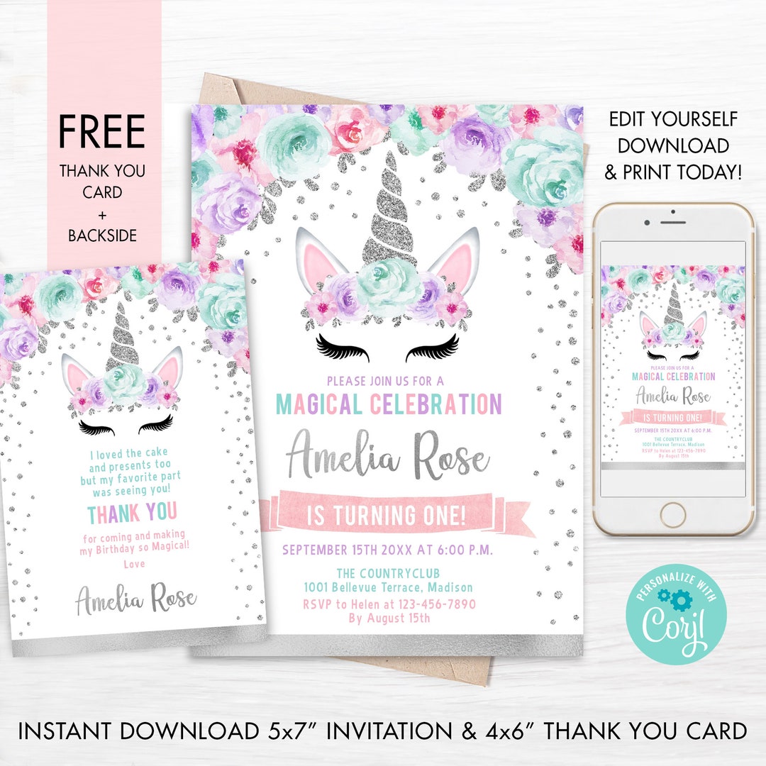 Unicorn 1st Birthday Invitation INSTANT DOWNLOAD Digital Template for ...