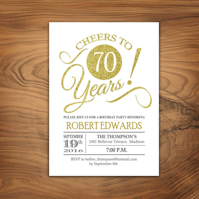 70th Birthday Invitation Any Age Cheers To Glitter Gold And Etsy 