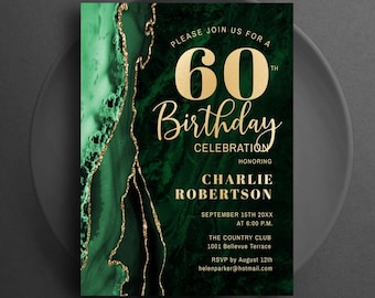 60th Birthday Invitation, Emerald Green Gold Agate Marble, Any Age, Printable Digital Template