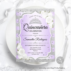 Quinceanera Invitation - INSTANT DOWNLOAD Digital Template. Glitter Silver Lavender Purple White Roses. Floral Birthday Invite