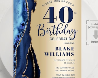 40th Birthday Invitation, Gold & Navy Blue Agate Marble, Any Age (Digital Template)