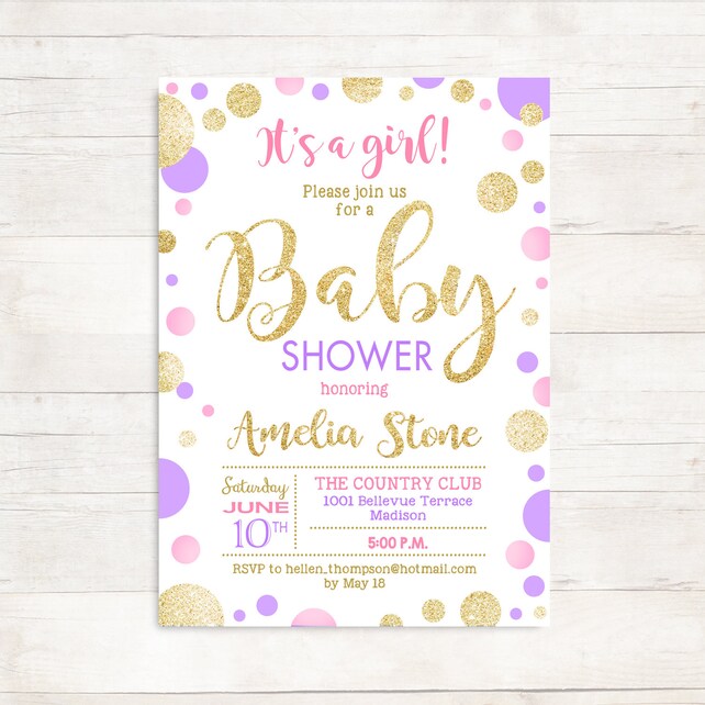 Pink Purple Gold Baby Shower Invitation Glitter Gold Watercolor Pink Purple Gold Baby Shower Invitation Glitter Gold Watercolor