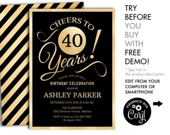 40th Birthday Party Invitation. INSTANT DOWNLOAD  DIY Digital Template. Any Age. Gold Black. Cheers to 40 Years