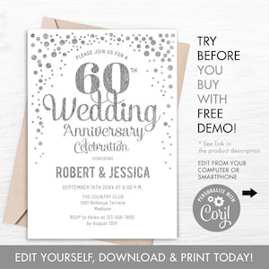 60th Wedding Anniversary Party Invitation - DIY INSTANT DOWNLOAD Digital Template. Any Years of Marriage. Glitter Silver Foil White