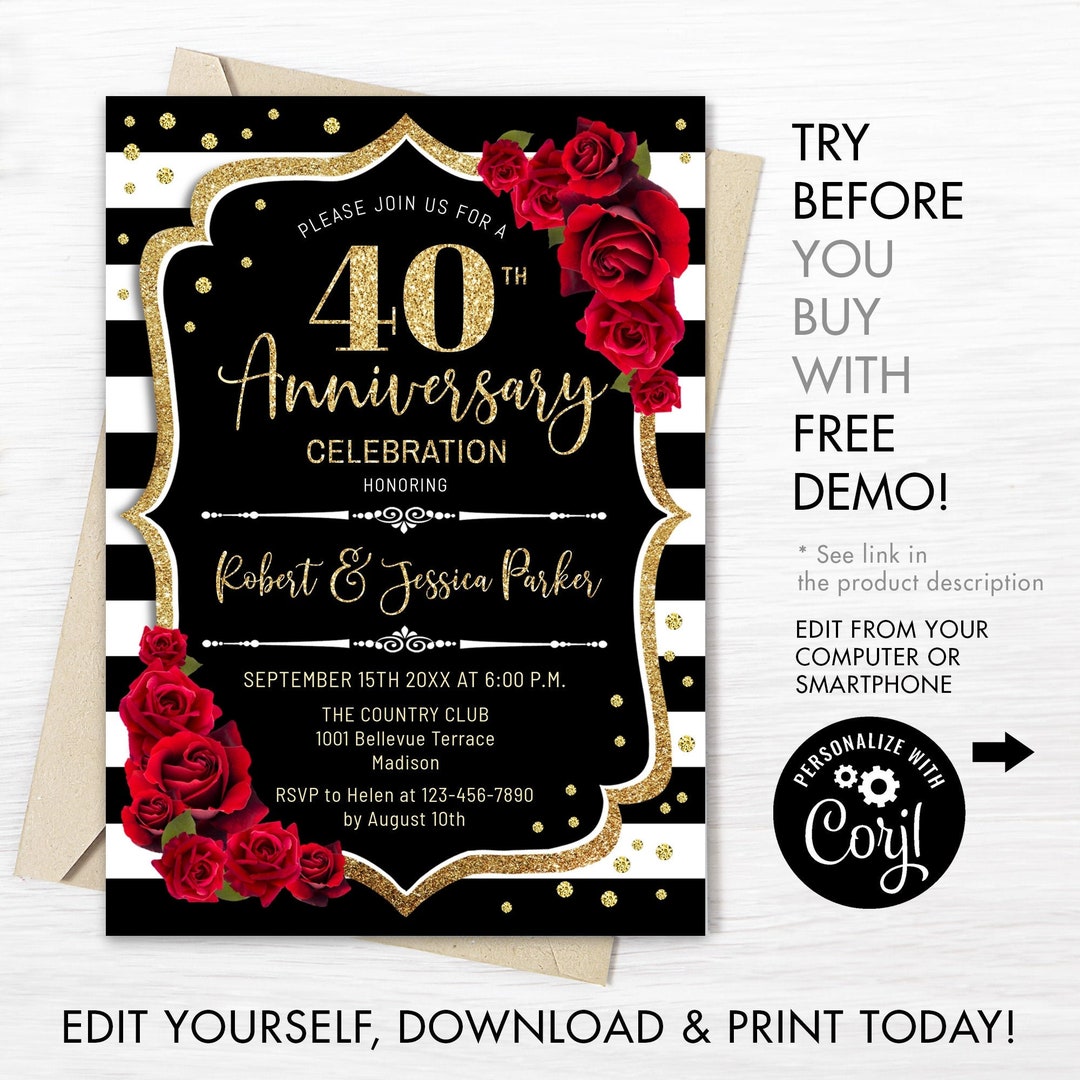 40th-wedding-anniversary-invitation-instant-download-digital-template-any-year-black-white-stripes-floral-glitter-gold-red-roses-invite-etsy