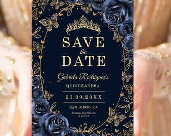 Quinceañera Save The Date Navy Gold, Floral Dark Blue Roses, Printable Digital Template