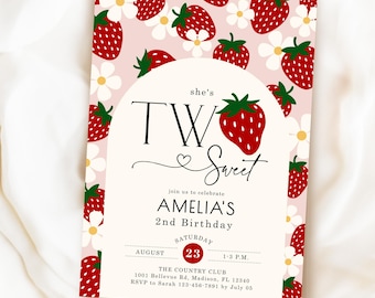 Strawberry 2nd Birthday Two Sweet Invitation, Instant Download Digital Template