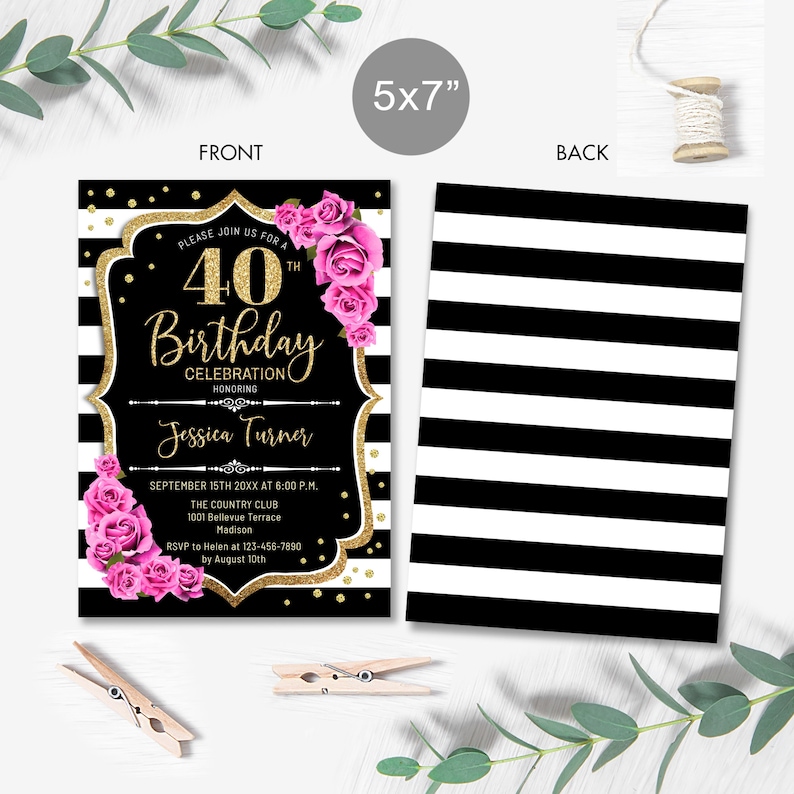 Florale Einladung zum 40. Geburtstag: Schwarz, Gold, Pink (Digital Template) Bild 2