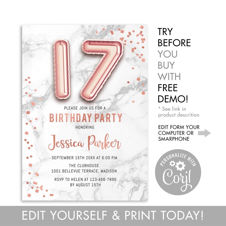 17th Birthday Party Invitation INSTANT DOWNLOAD Digital | Etsy