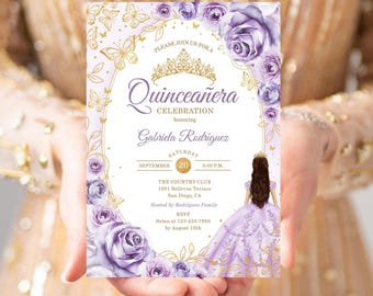 May include: A Quinceañera invitation card featuring a purple and gold design. The card includes the text "Quinceañera Celebration" and details for Gabriela Rodriguez's event, including the date, time, and location. The design incorporates floral and butterfly elements.