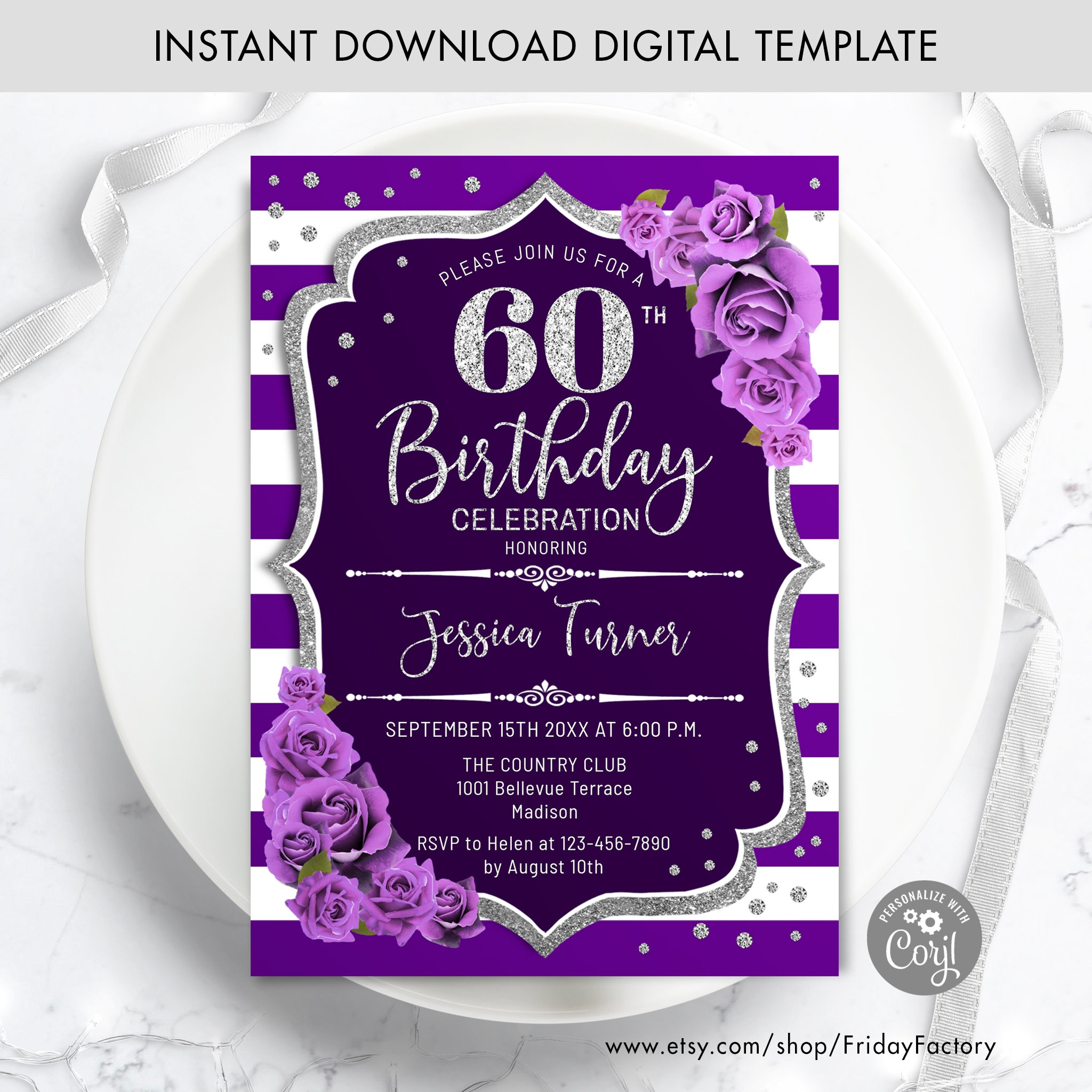 Purple Floral 60th Birthday Invitation: Glitter Silver (digital