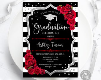 Floral Graduation Invitation: Black, White, Silver, Red Roses (Digital Template)