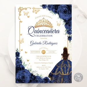 Invitación de quinceañera de oro azul marino, PLANTILLA EDITABLE digital, mariposas de rosas florales de acuarela, Mis Quince Anos, invitación de cumpleaños número 15