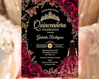 Burgundy Gold Black Quinceañera Invitation, Floral Roses, Butterflies, Princess Dress, Printable Digital Template