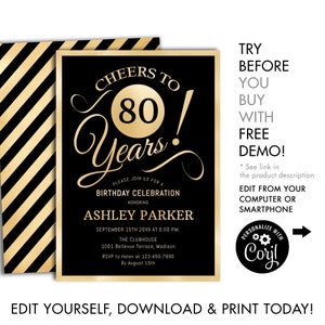 80th Birthday Party Invitation. INSTANT DOWNLOAD  DIY Digital Template. Any Age. Gold Black White. Cheers to 80 Years