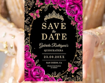 Save the Date-sjabloon voor quinceañera, fuchsia bloemenrozenvlinders (digitale download)