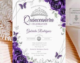 Purple Silver Quinceañera Invitation, Floral Watercolor Roses, EDITABLE TEMPLATE