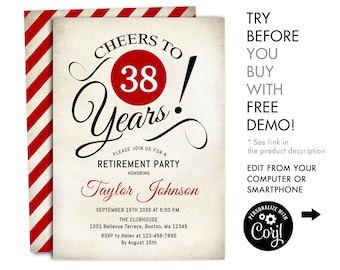 Retirement Party Invitation - ANY Year. INSTANT DOWNLOAD Digital Template. Retro Red Black White