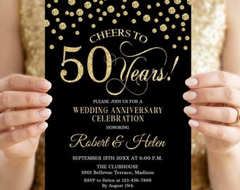 50th Anniversary Invitation: Black and Gold, Editable Template (Digital Download)