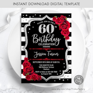 Invitación para 60 cumpleaños: Negro, blanco y rosas (Plantilla digital)