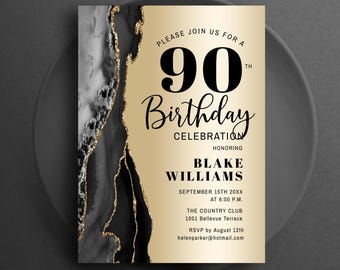 90th Birthday Invitation, Gold Black Agate Marble, Any Age, Printable Instant Download Digital Template