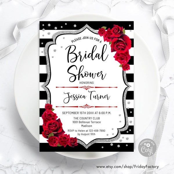 Bridal Shower Invitation - INSTANT DOWNLOAD Digital Template. Stripes. White Black Glitter Silver. Red Roses. Elegant Floral Invite