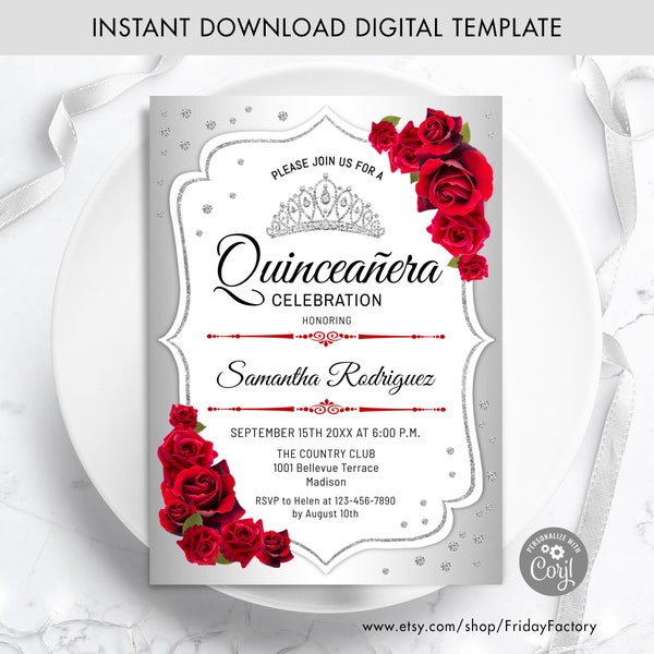 Quinceanera Invitation - INSTANT DOWNLOAD Digital Template. Silver White Red Roses. Elegant Tiara Birthday Invite