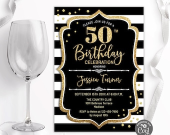 May include: Black and white striped birthday invitation with gold glitter accents. The invitation features the text "Please join us for a 50th Birthday Celebration honoring Jessica Turner". The invitation also includes the date, time, location, and RSVP information.