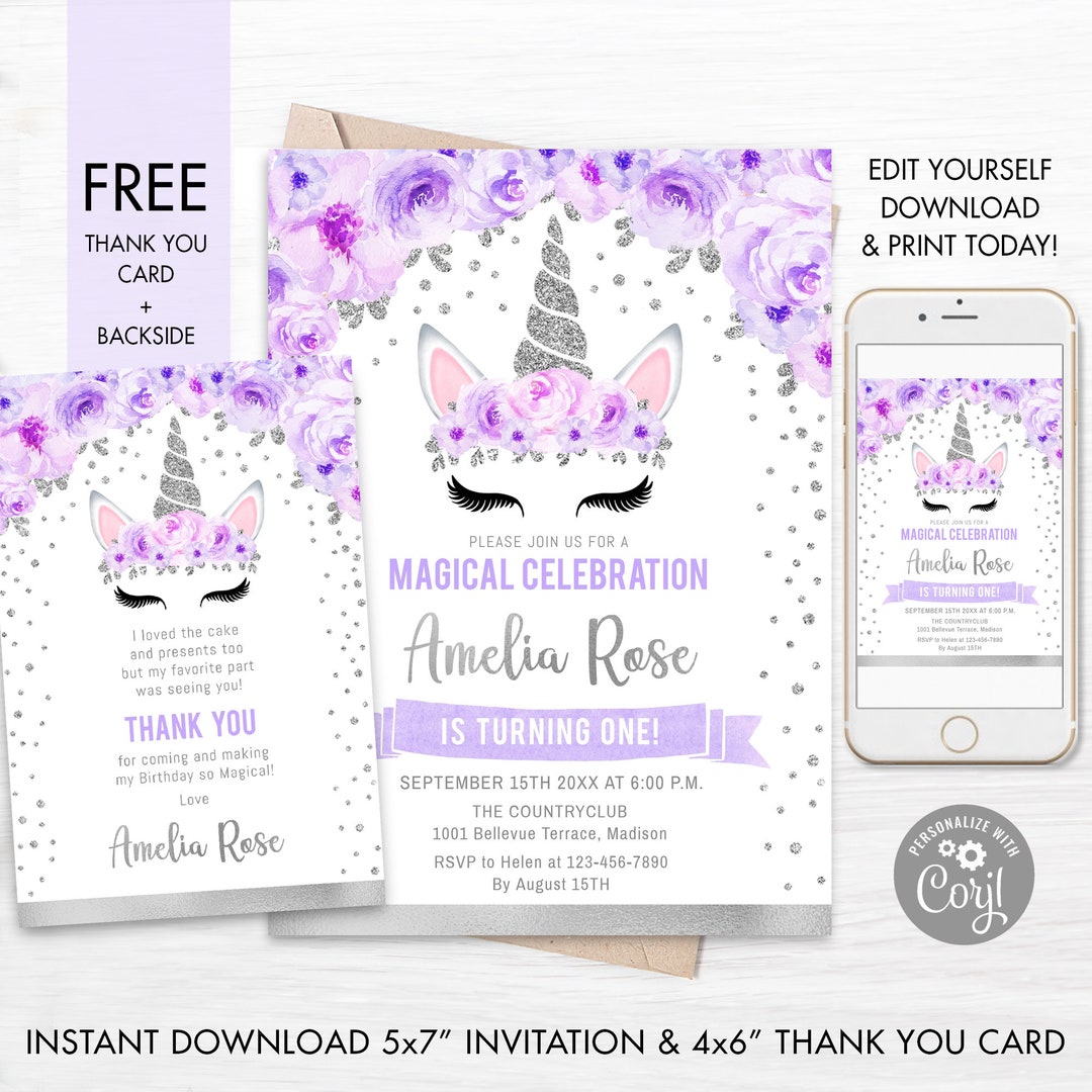 Unicorn 1st Birthday Invitation INSTANT DOWNLOAD Digital Template ...