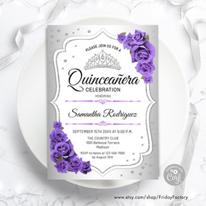 Quinceanera Invitation - INSTANT DOWNLOAD Digital Template. Glitter Silver Purple Roses. Elegant Floral Birthday Invite